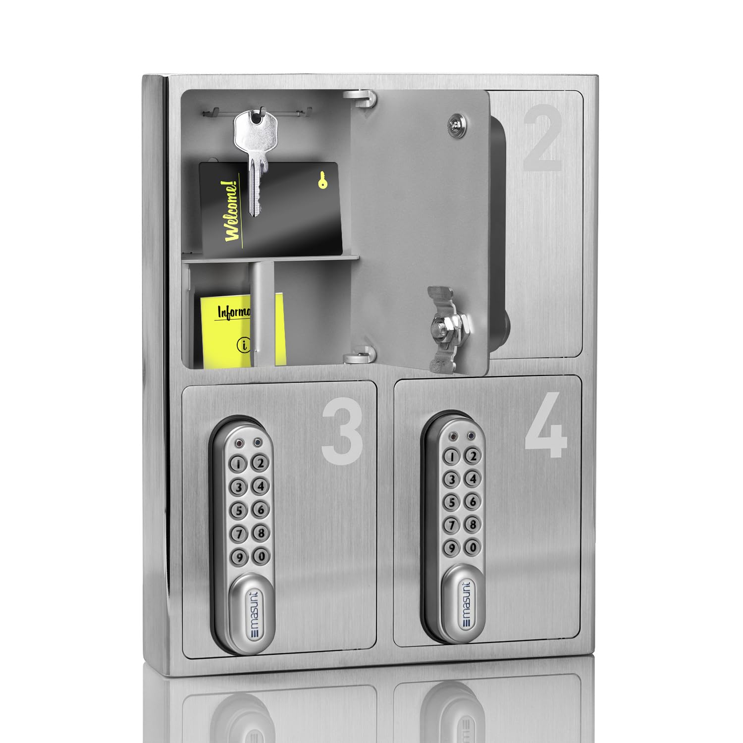 masunt coffre-fort à clés 1420 E Code | attribution innovante de code en ligne à distance | coffre-fort électronique en acier inoxydable V2A massif | 4 compartiments | anti-effraction