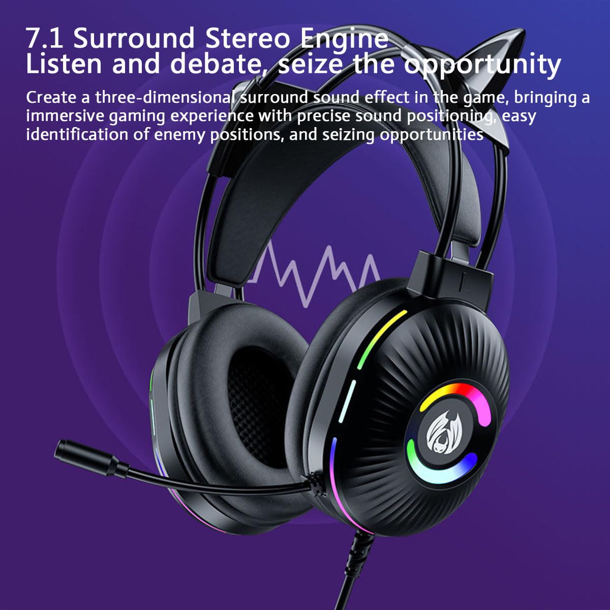 Cuffie da gioco con microfono, graziose cuffie RGB cablate con microfono a cancellazione del rumore, auricolari over-ear con orecchie da gatto per giocatori/PC/streamer/cosplay (nero)