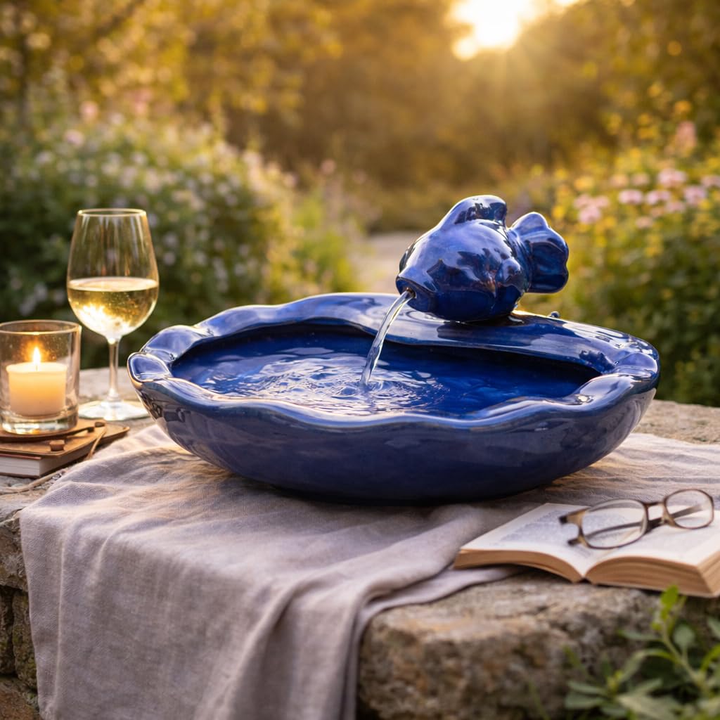 Festive Lights - 37 cm Solar-Keramik-Fischwasserspiel mit glasierter blauer Oberfläche – Gartenbrunnen für den Außenbereich, IP44 bewertet, wetterbeständig – in sich geschlossen, einfache Einrichtung,