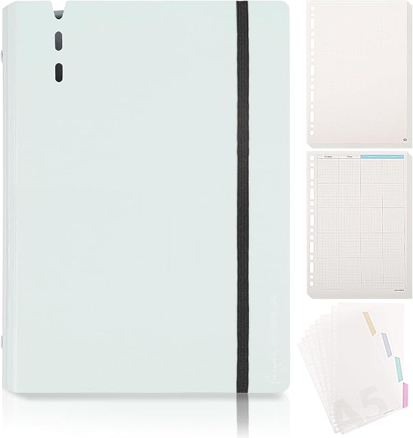 SKYDUE A5 Ring Binders, A5 Organiser Ring Binder, Refillable Notebook with Elastic Closure, Personal Organizer Binder with A5 Filler Paper & File Divider for School Office Meetings - Green