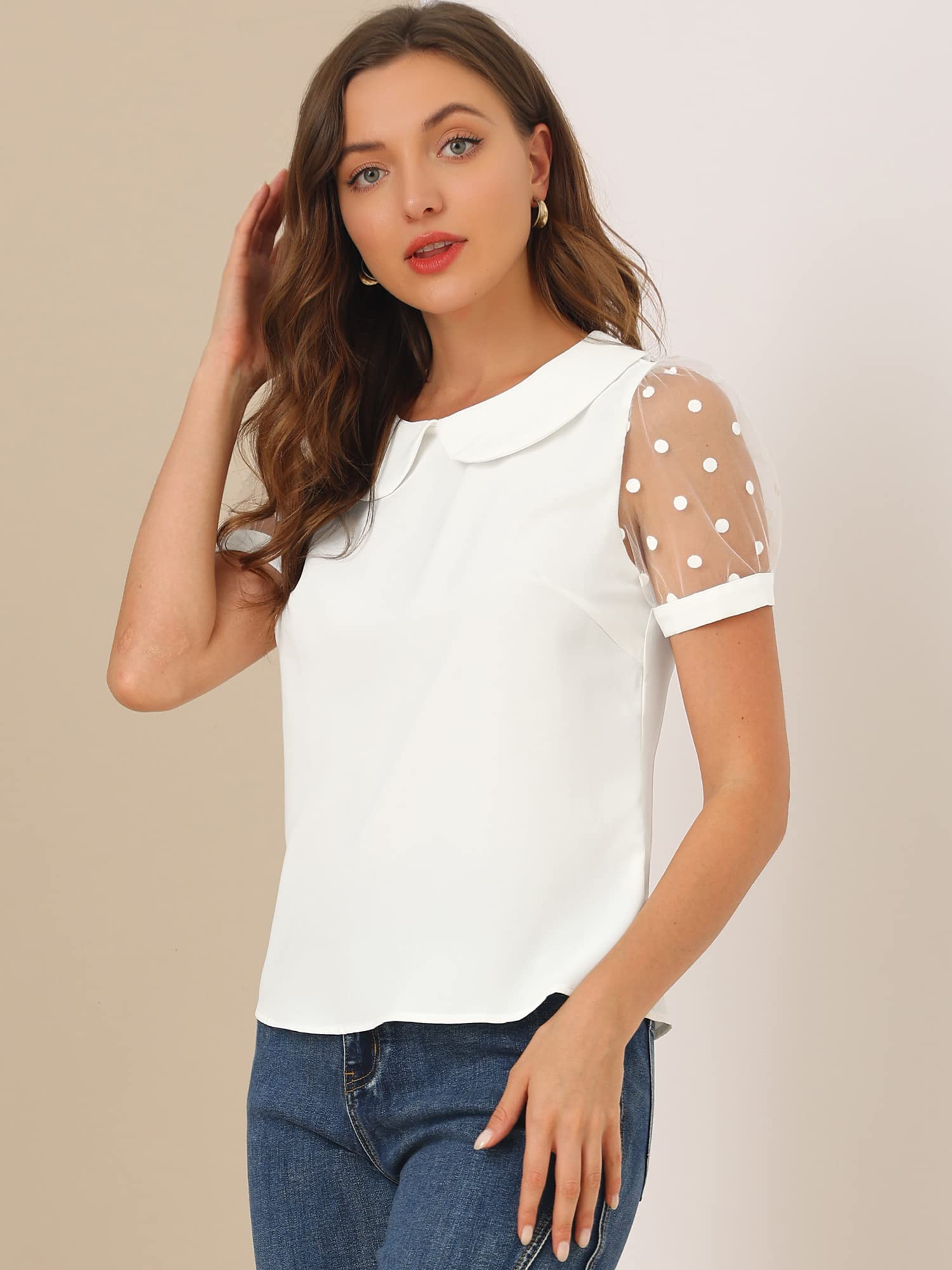 Allegra K Damen Puffärmel Vintage Bubikragen Oberteil Mesh Polka Punkte Top Bluse