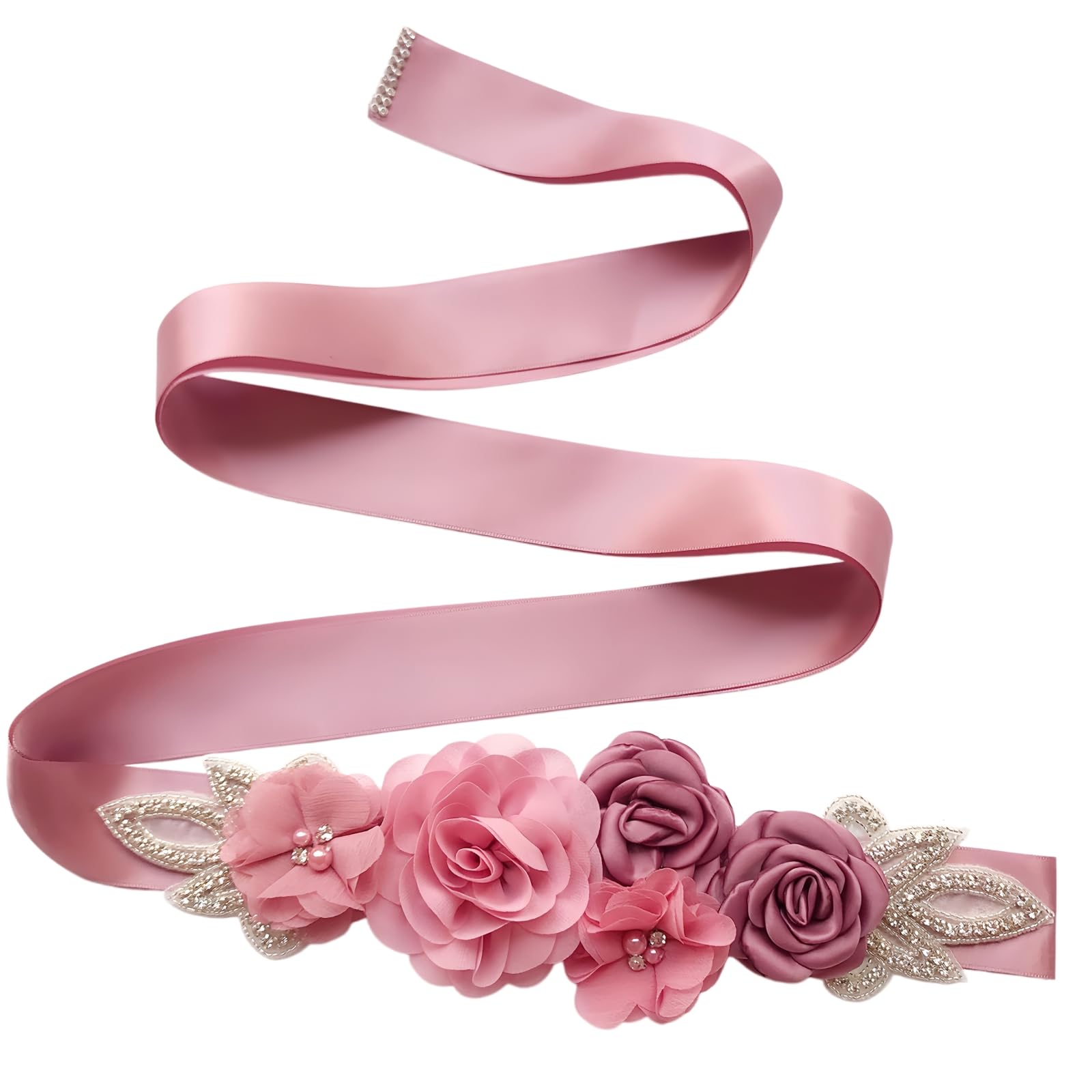 Lauthen.S Flower Pearl Rhinestone Bridal Wedding Dress Belt Bridal Shower Belt, Powder Pink, One size