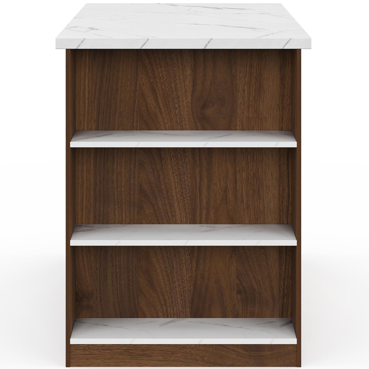 IDMarket - Ilot Central TIBO 120 cm Bois foncé Effet Noyer avec Plan de Travail Effet marbre Alaska