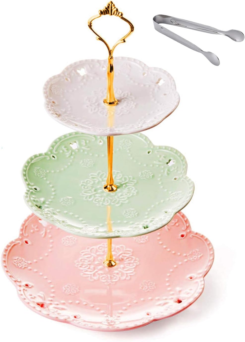 3-Tier Ceramic Serving Stand,Cake Stand-Dessert Stand-Cupcake Stand-Tea Party Serving Platter (3 Color-Gold) 1 Gold