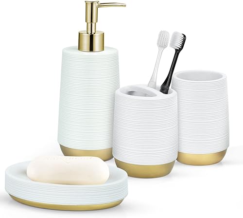 TONIAL Bathroom Accessories Gift Set, Bathroom Decor Set 4 Piece White-Queen Gold with SoapLotion Dispenser, Toothbrush Holder, Soap Dish, Tumbler