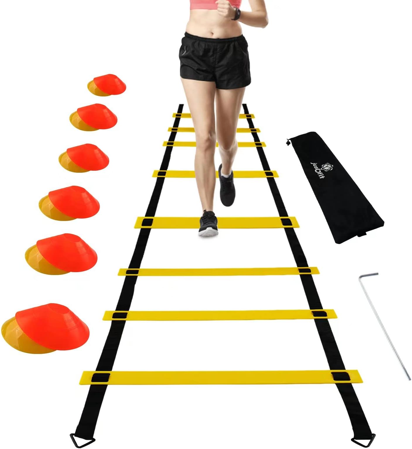 Speed Agility Ladder Training Set with 12 Rung 20ft Agility Ladder and 12 Field Cones 4 Steel Stakes & Carrying Bag,Agility Training Equipment Suitable for All Ages