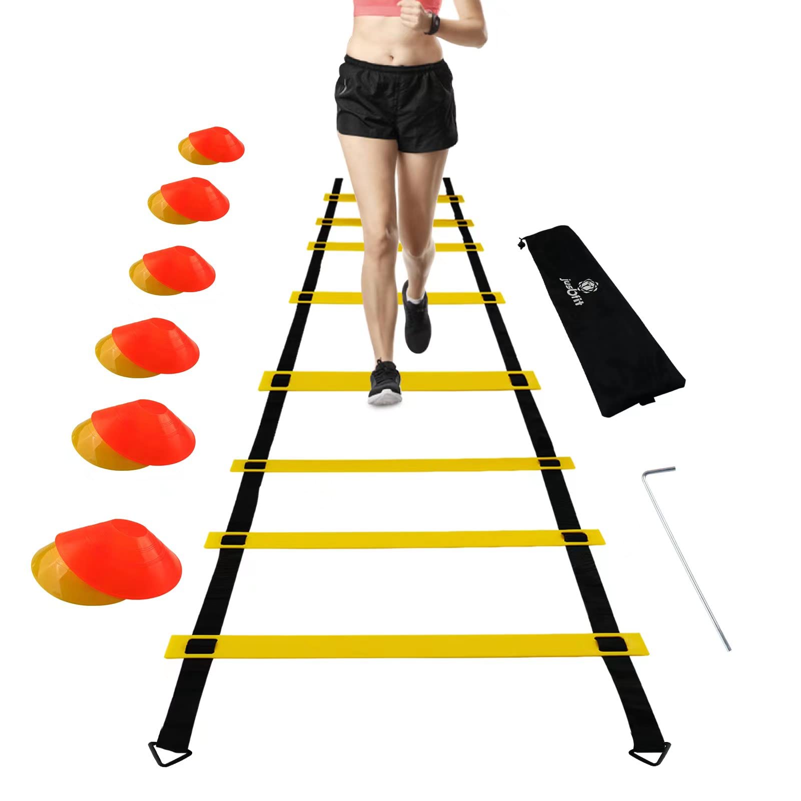 Speed Agility Ladder Training Set with 12 Rung 20ft Agility Ladder and 12 Field Cones 4 Steel Stakes & Carrying Bag,Agility Training Equipment Suitable for All Ages