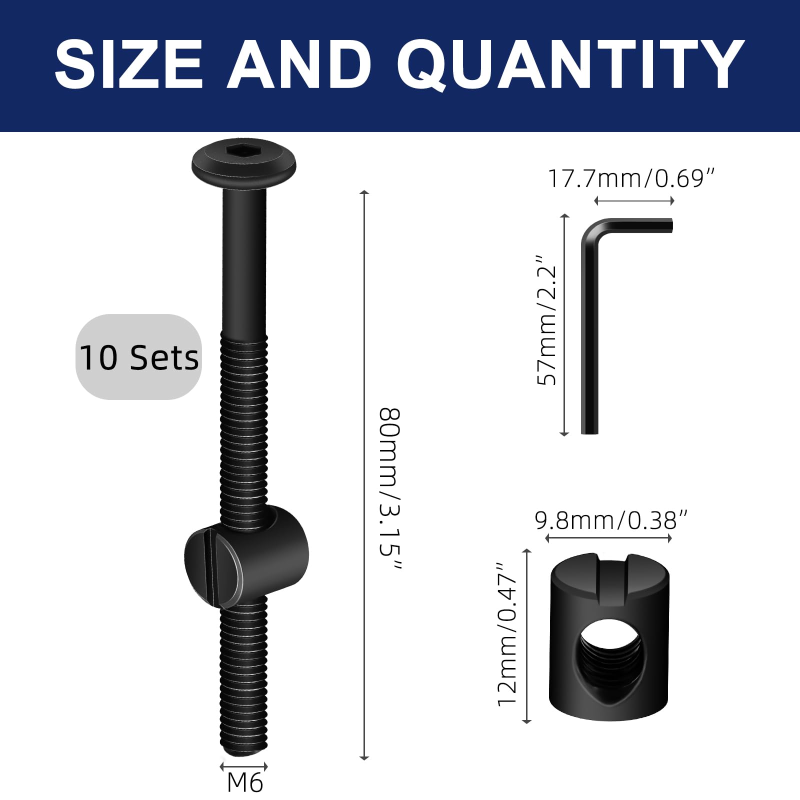 M6 x 80mm Black Flat Head Socket Head Screw Furniture Bolts and Barrel Nuts, with Allen Wrench Perfect for Furniture, 10 Sets