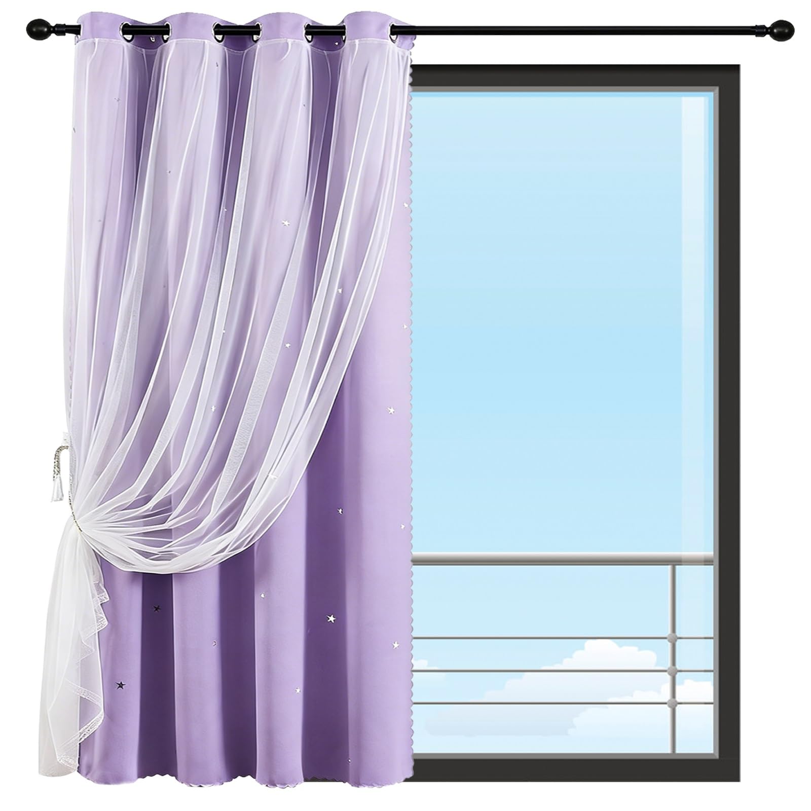 Rideau Occultant Étoile Creux 110x210 cm avec Voile Pourpre pour Chambre d'Enfant