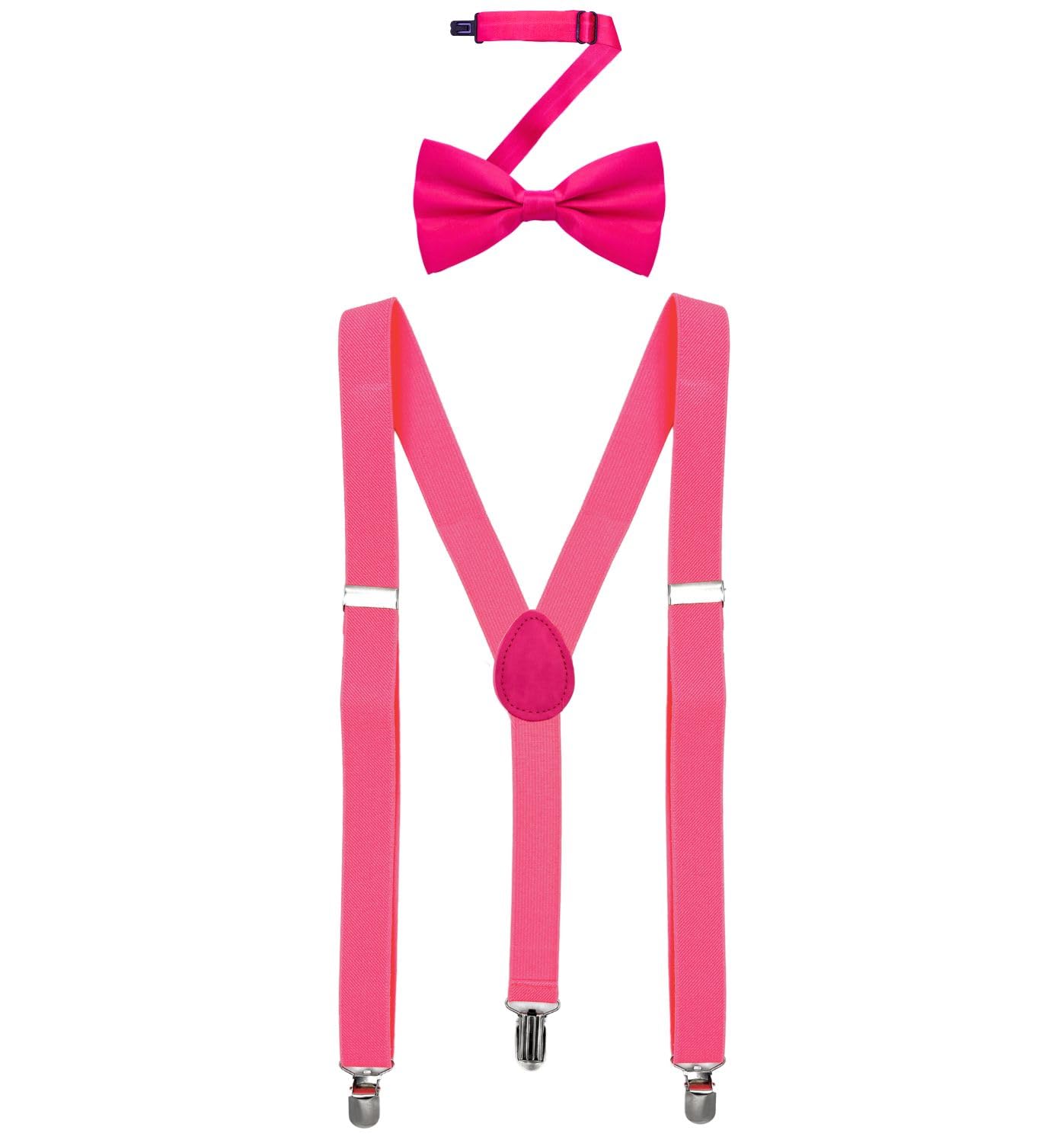 MDSTYLE Suspenders for Men Women Boys - Adjustable Y-Back (Hot Pink Suspenders &amp; Bow Tie)