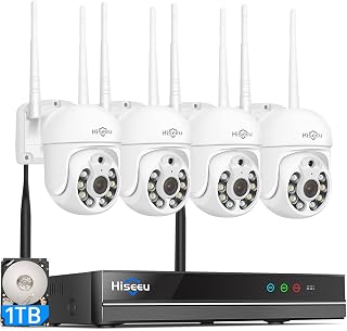 Hiseeu Security Cameras Wireless Outdoor,2.4G&5G WiFi Surveillance Camera System Exterieur,5MP,Two-Way Audio,IP66 Waterproof,24/7 Record with 1TBHard Drive,360° PTZ Auto Tracking,Color Night Vision
