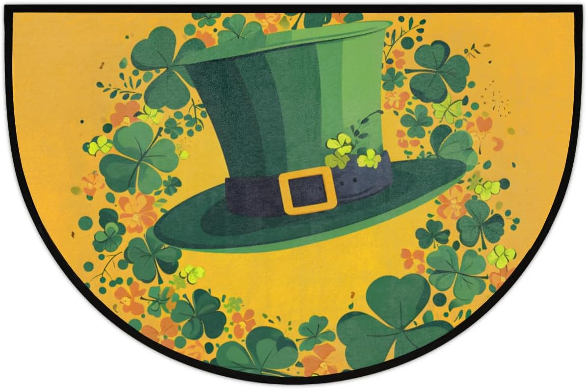 Half Round Door Mat St. Patrick's Day Shamrock Hat Non-Slip Semi Circle Area Rug Washable Semi Circle Floor Rug for Indoor Outdoor Living Room Bathroom Kitchen Patio Hearth Rugs Home Decoration
