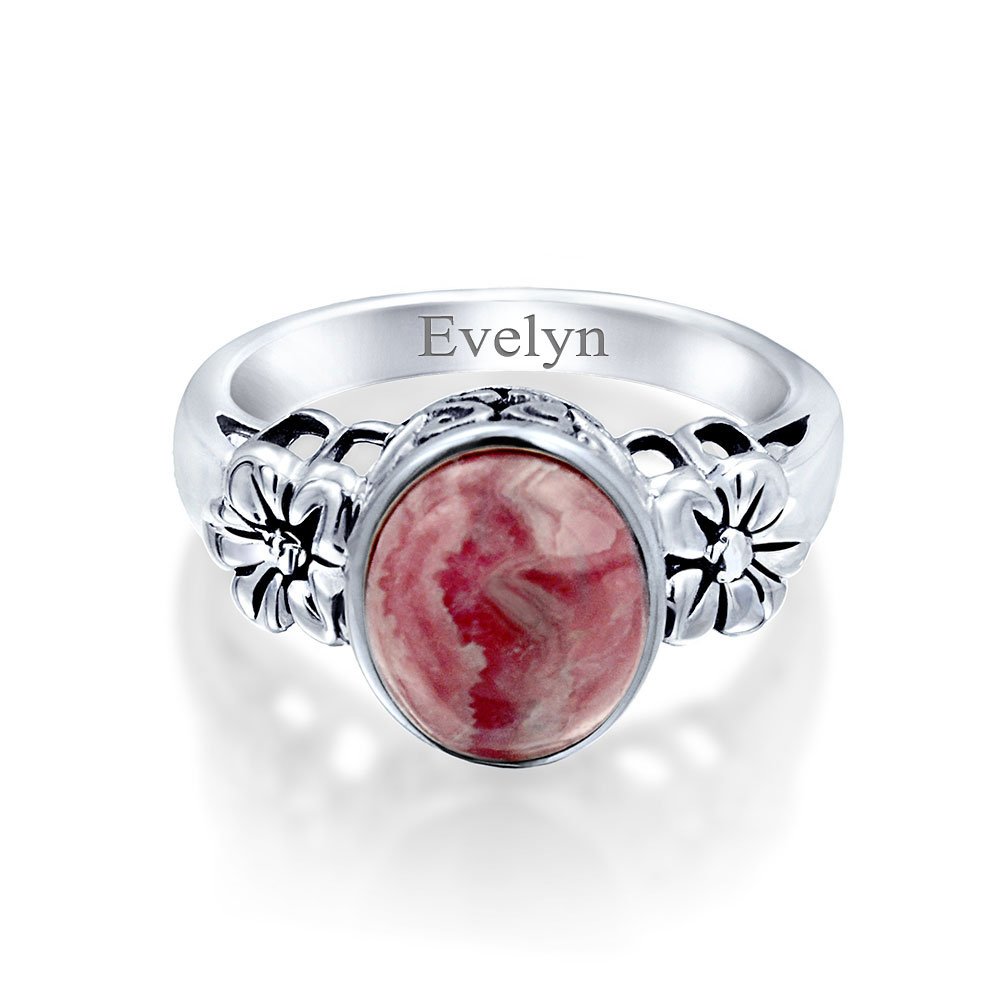 Bling Jewelry Anillo de moda bohemia con bisel de flor gema ovalada de rodonita rosa para mujer y adolescente banda de plata esterlina .925