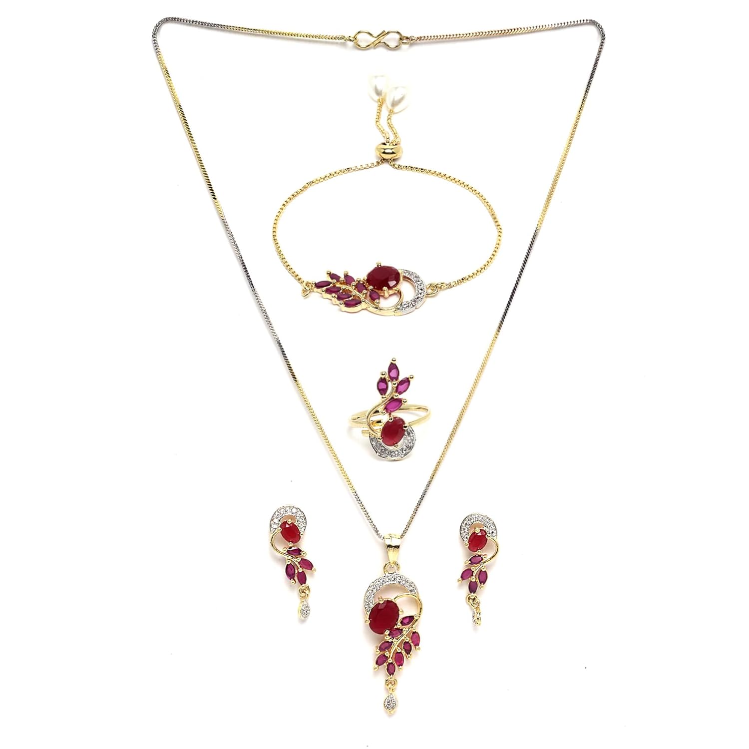 Zeneme Jewellery Set American Diamond Gold Plated Traditional Style Necklace Pendant Set, Ring, Bracelet with Earring Jewellery for Women and Girls