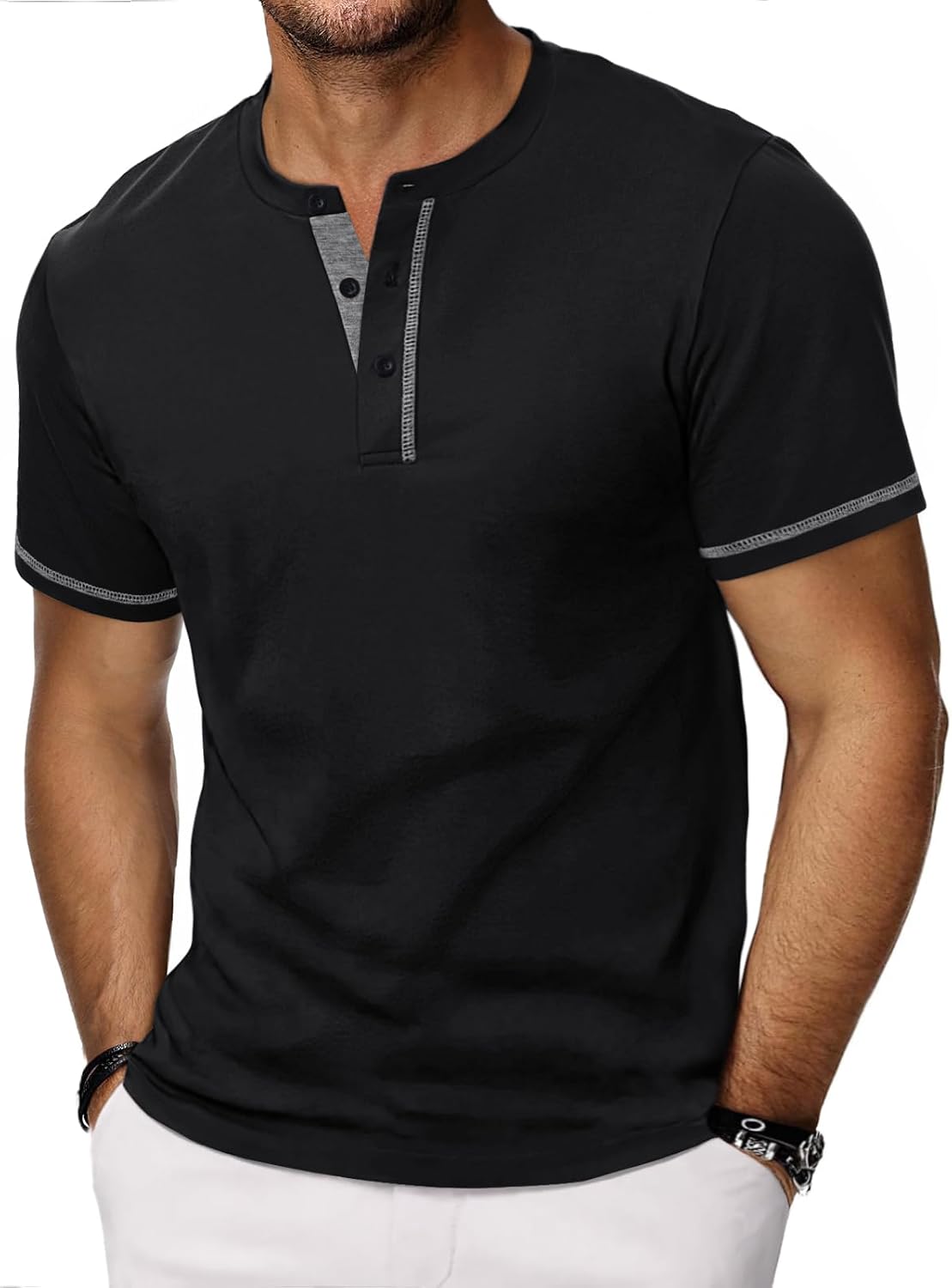 HMIYA Henley short-sleeved T-shirts for men summer shirt cotton button color blocking sleeves T-shirt for men