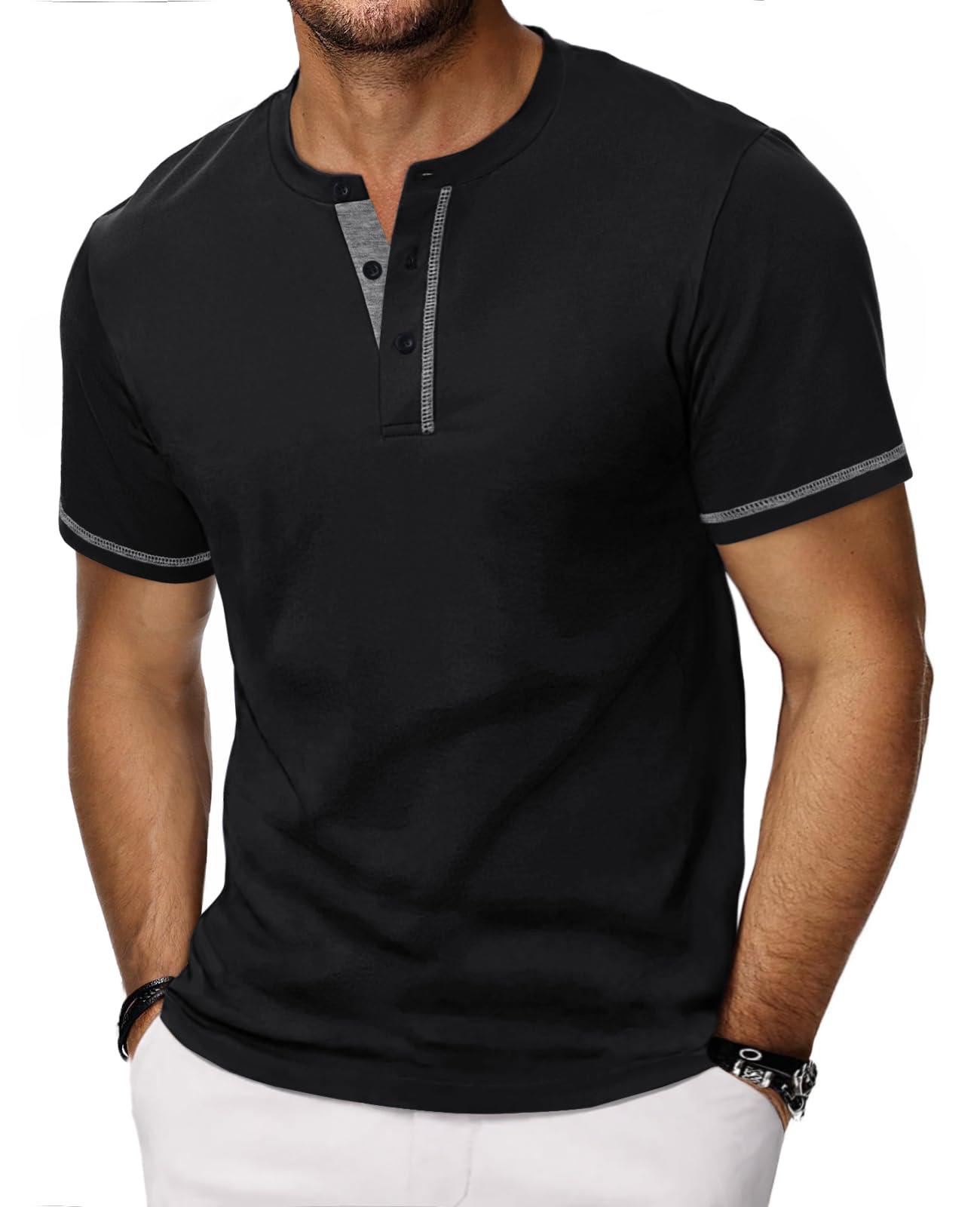 HMIYA Henley Kurzarm T-Shirts für Herren Sommerhemd Baumwolle Knopf Color-Blocking-Ärmeln T-Shirt für Männer