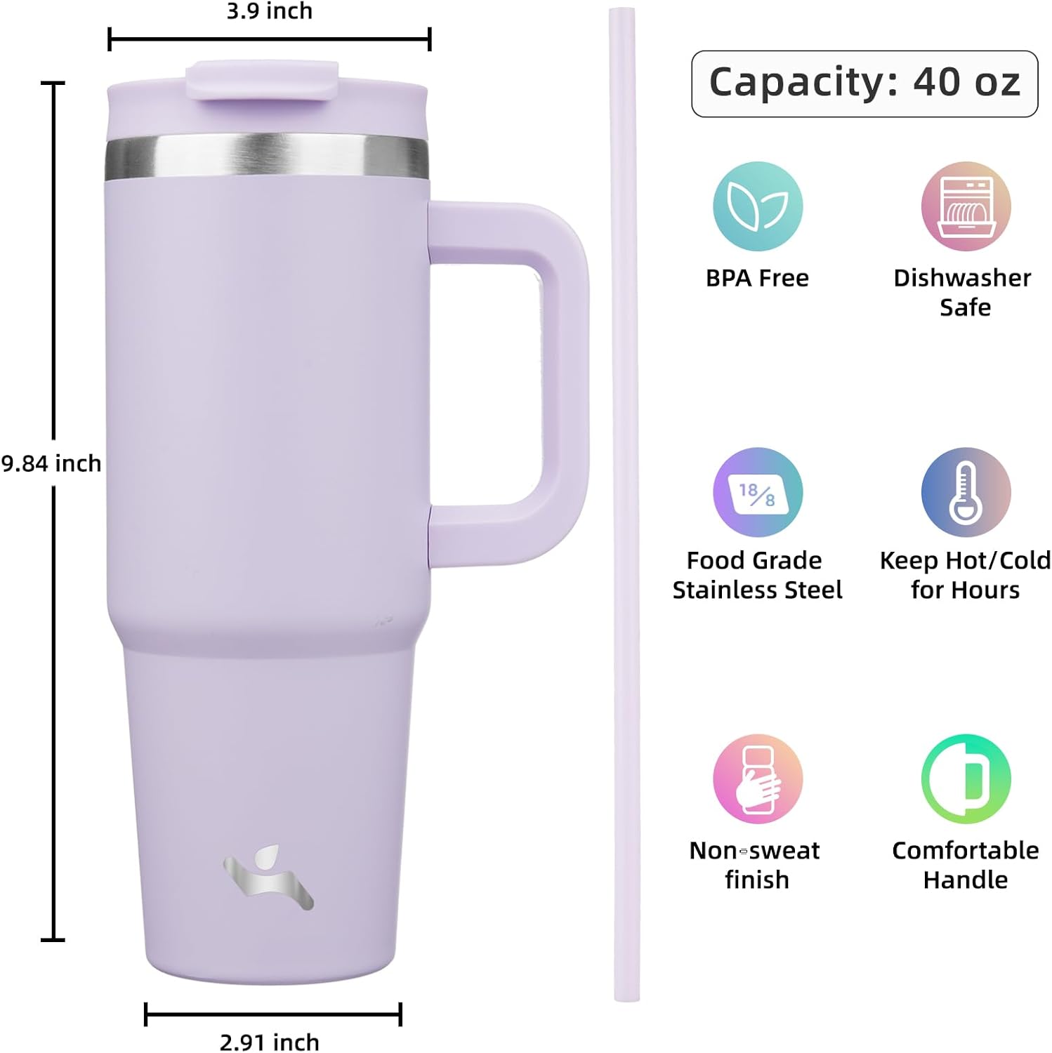 40 oz Tumbler with Handle and 2 Straws,2 in 1 Lid Insulated Water Bottle Stainless Steel Travel Coffee Mug,Wisteria - Image 4