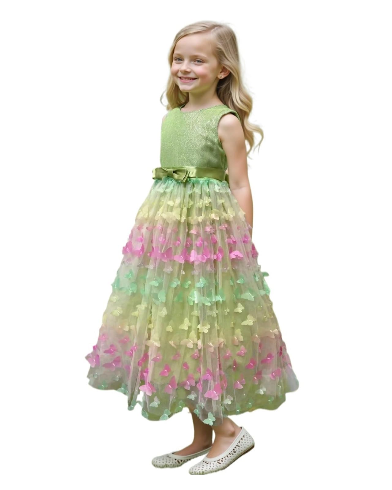 Vestido De Fiesta para NiñA Vestido de Fiesta de Boda de Princesa con Flores y Lazo de Malla sin Mangas con Mariposa Tridimensional for niña(10)