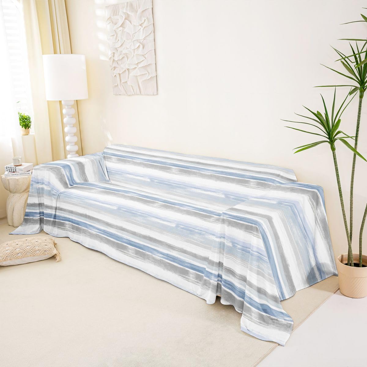 Homewish Funda de sofá abstracta a rayas azules de 180 x 340 cm