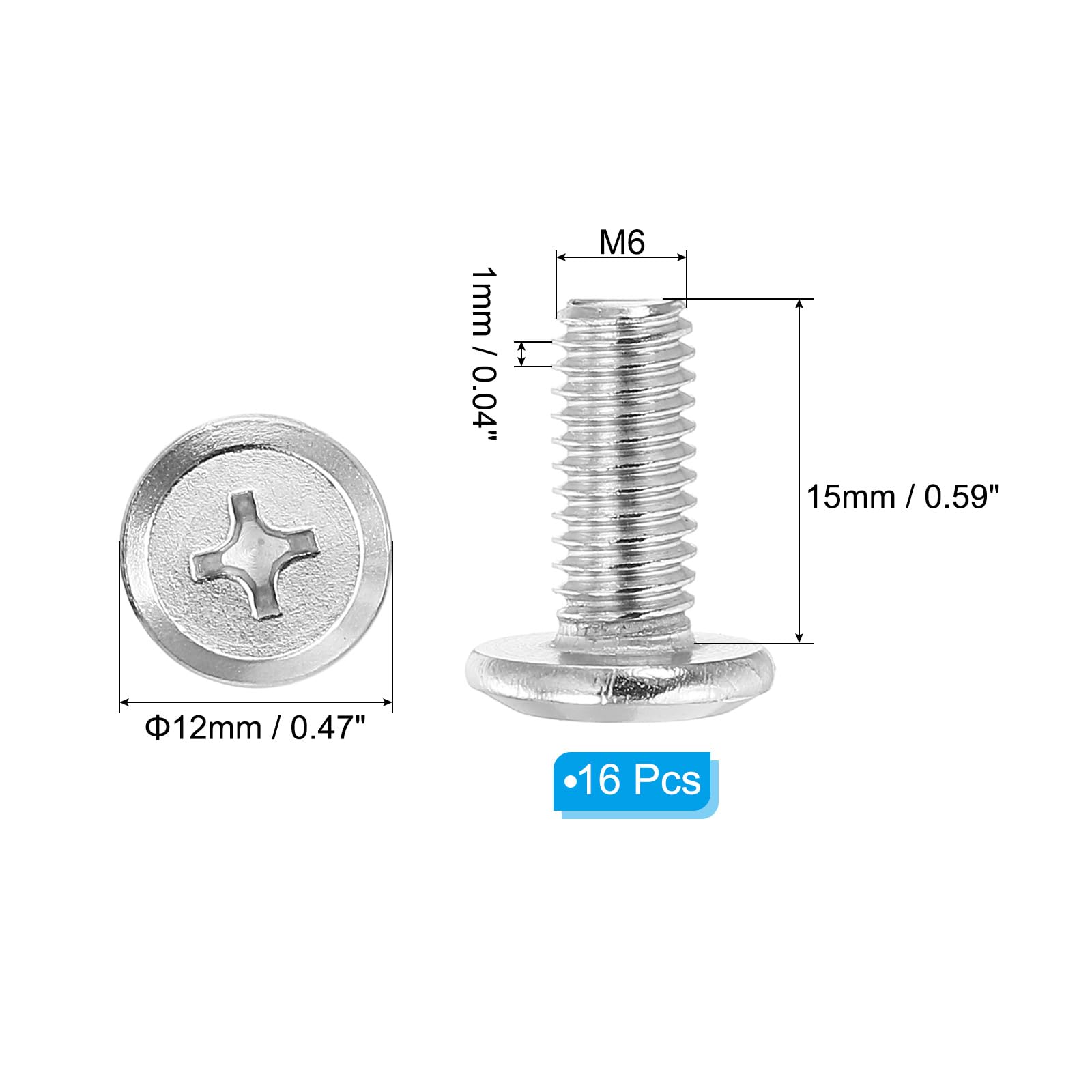 PATIKIL Flat Round Head Phillips Screws, 16 Pack M6-1 x 15mm Binding Screws 304 Stainless Steel 18-8 Full Thread - Image 2
