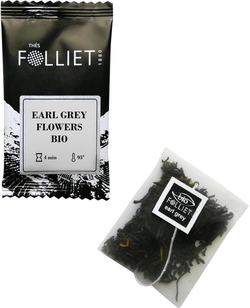FOLLIET CAFÉS Thé Noir Earl Grey Flowers Bio – Bergamote & Bleuet – Tonifiant & Anti-Stress – Sachet Individuel – 24 Sachets