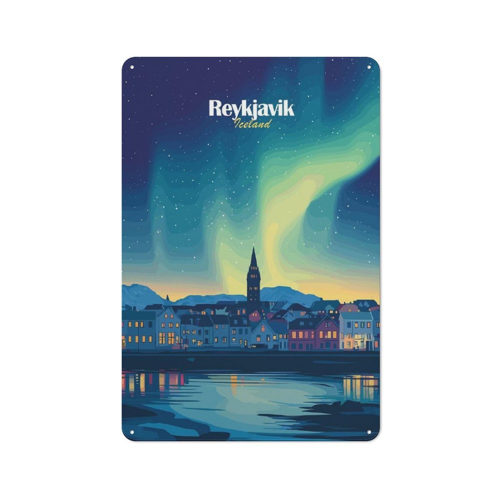 Reykjavik Aurora Borealis Printed Metal Sign, Home Decor Sign for Garage, Shed, Workshop Or Hobby Room, Gift for Garage Fans And Workshop Owners, 30x20cm