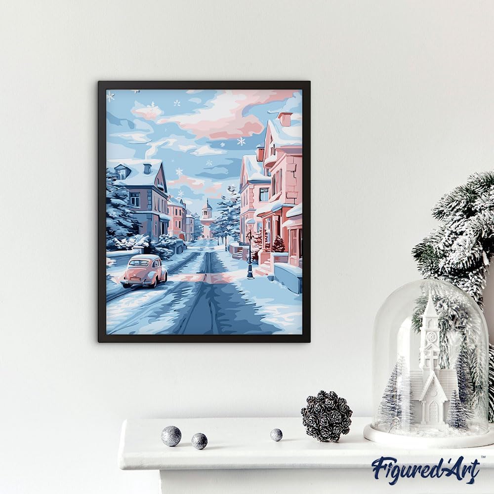 Figured'Art Paint by Numbers for Adults Snowy City Morning 16x20in - Craft Art Painting DIY Kit Rolled Canvas Without Frame