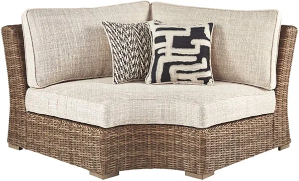 Signature Design by Ashley - Beachcroft Outdoor Corner Chair with Cushions - All-weather Wicker Frame - Beige