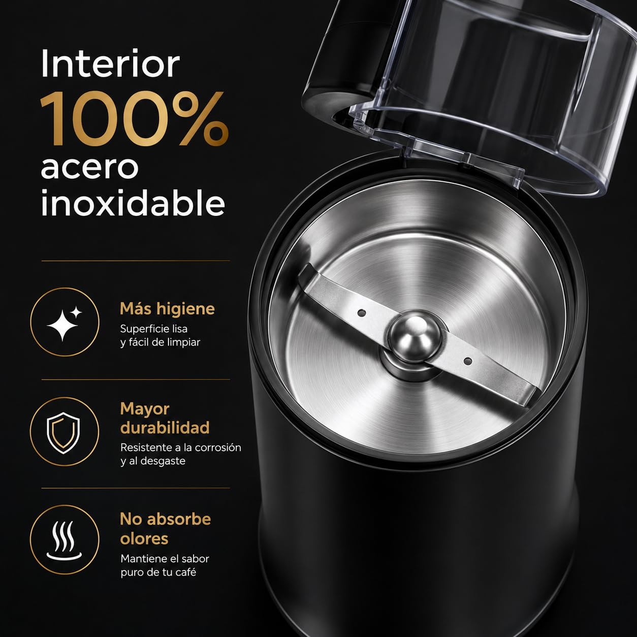 Molinillo de Café Eléctrico 160 W, 50-60 g, Acero Inoxidable (NEGRO)
