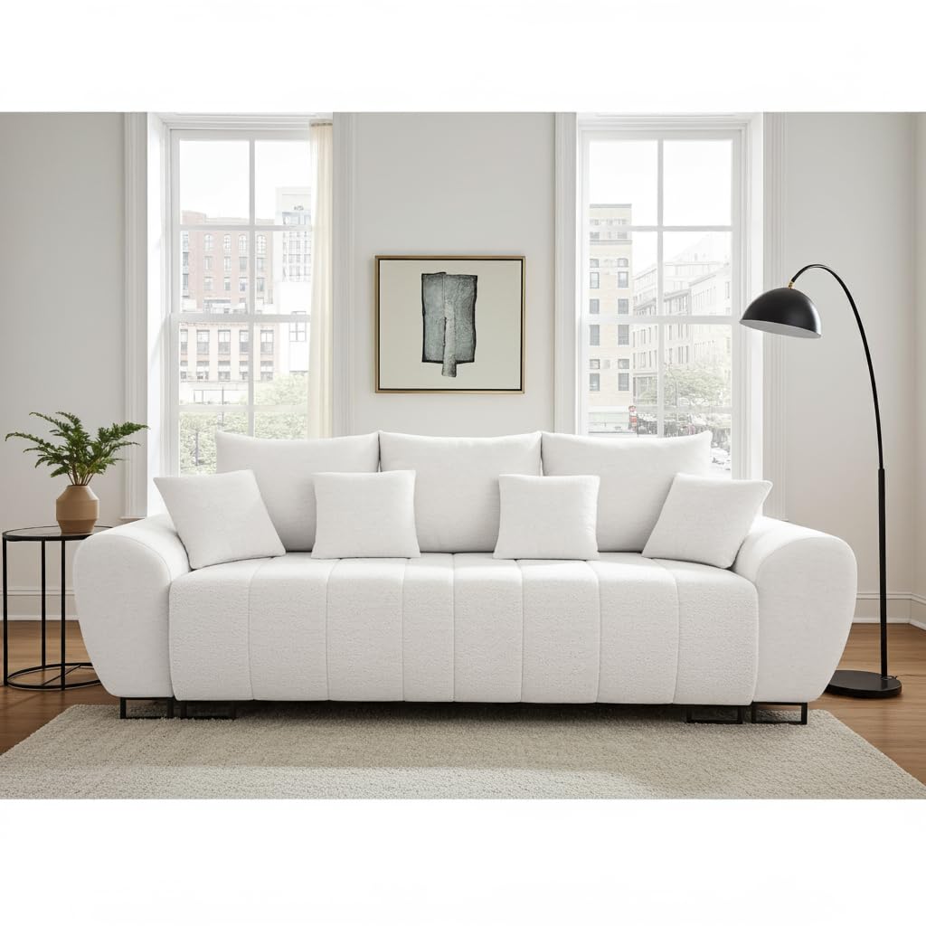 Ragnar 3 Modernes Schlafsofa, Weiß, Boucle Stoff, 270x103x83 cm, Schlaffunktion 150x200 cm, Bettkasten, Wohnzimmer Couch mit 7 Kissen, Metallbeine