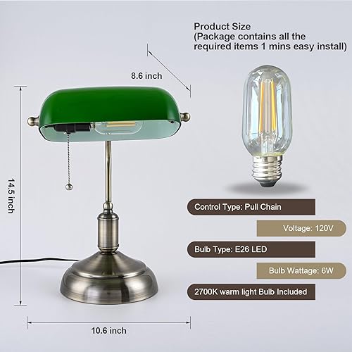 Miniatura 5 de Lámpara de cristal verde, pantalla de cristal, lámpara de escritorio, lámpara de escritorio, bombilla clásica retro con base E26 incluida, lámpara