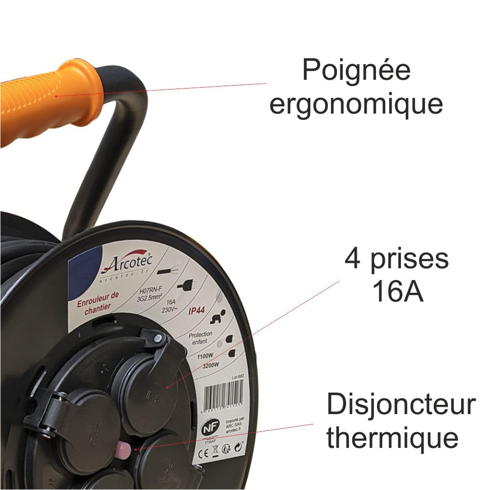 Enrouleur PRO de Chantier 3G2.5 25m IP44 Platine Fixe (Anti Twist) - Câble H07RN-F - 4 Prises 16A - Garantie 2 Ans