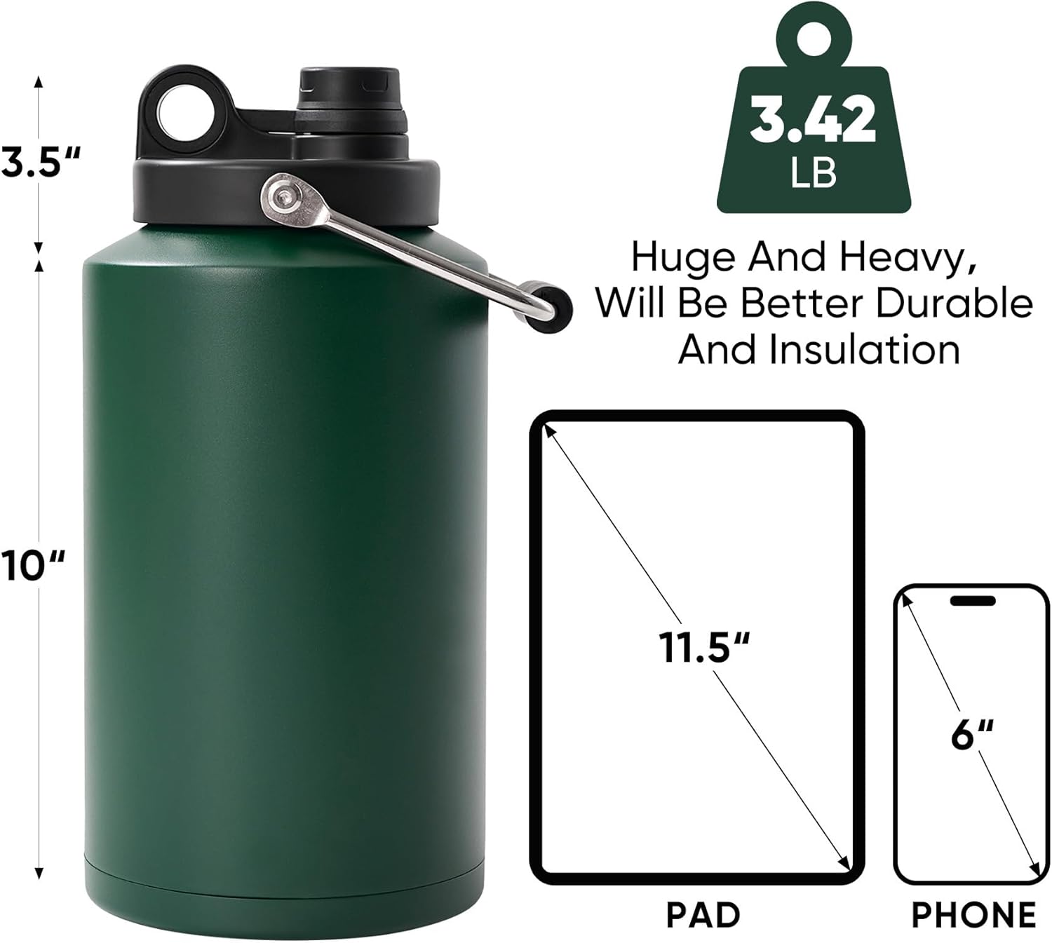 Kerilyn Insulated Gallon Jug with Handle, One Gallon, 128 Ounces Stainless Steel, Large Double Vacuum Water Bottle for Hot & Cold Drinks, Wide Mouth, Sweat Proof, Great for Travel, Camping, Green - Image 2