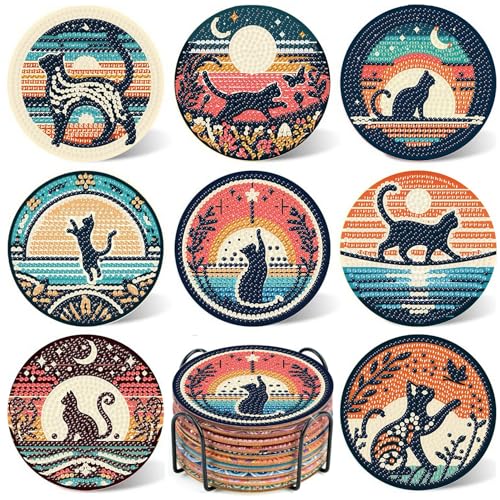 YarnWhimsy 8PCS Black Cat Diamond Art Coasters Set Cat Diamond Painting Coasters with Holder DIY Crystal Gem Art Kits Coaster Set of 8 Adults Coffee Drink Cup Crafts Coaster 10 x 10 cm