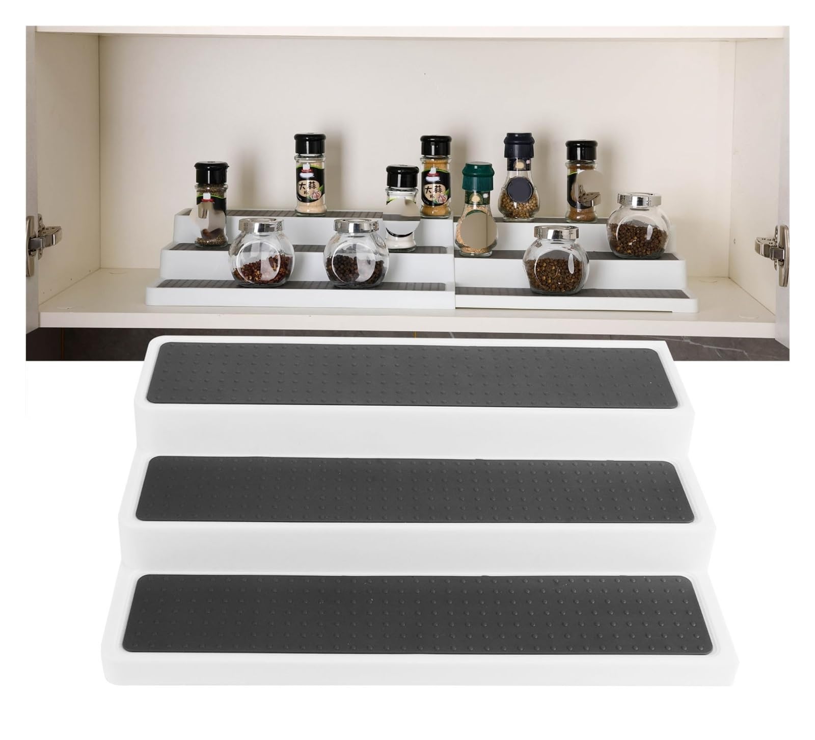 Estante de especias de 3 niveles, estante expandible, cocina para armarios y encimeras, solución de almacenamiento que ahorra espacio, soporte ajustable para especias, diseño moderno