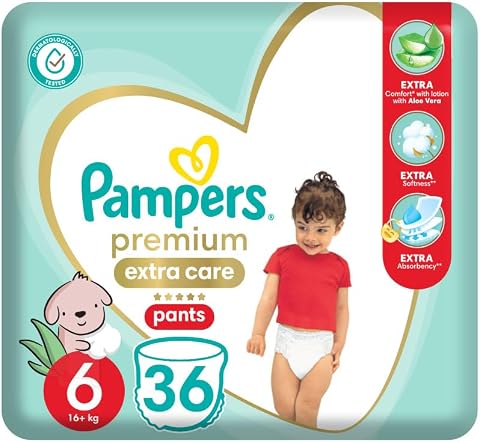 Pampers Premium EXTRA CARE Pants, Size 6, 16+ Kg, with lotion with aloe vera, 36 diapers.