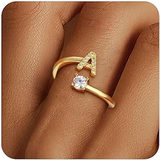 Initial Rings for Women Girls, Dainty 14K Gold Plated Adjustable Letter Rings Teen Girls