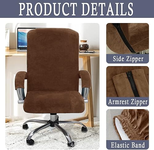 Miniatura 2 de ITFRO Funda para silla de oficina de 3 piezas con fundas para reposabrazos, funda de terciopelo camello para silla de escritorio de computadora con