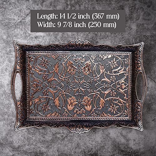 CRYSTALIA Fancy Ottoman Serving Trays, Premium Metal Turkish Trays for Beverage Serving, Vintage Ottoman Rectangular Tray with Handles, Decorative Turkish Tea Coffee, Dessert Table
