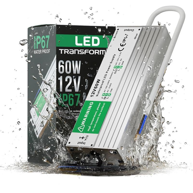 12V 60W LED Driver Waterproof IP67, Ultra Slim LED Transformer 240V AC to 12V DC 5A 60 Watt Quiet Low Volt Converter LEDs Power Supply Constant Voltage For LEDs Strip, Indoor & Outdoor (60W)