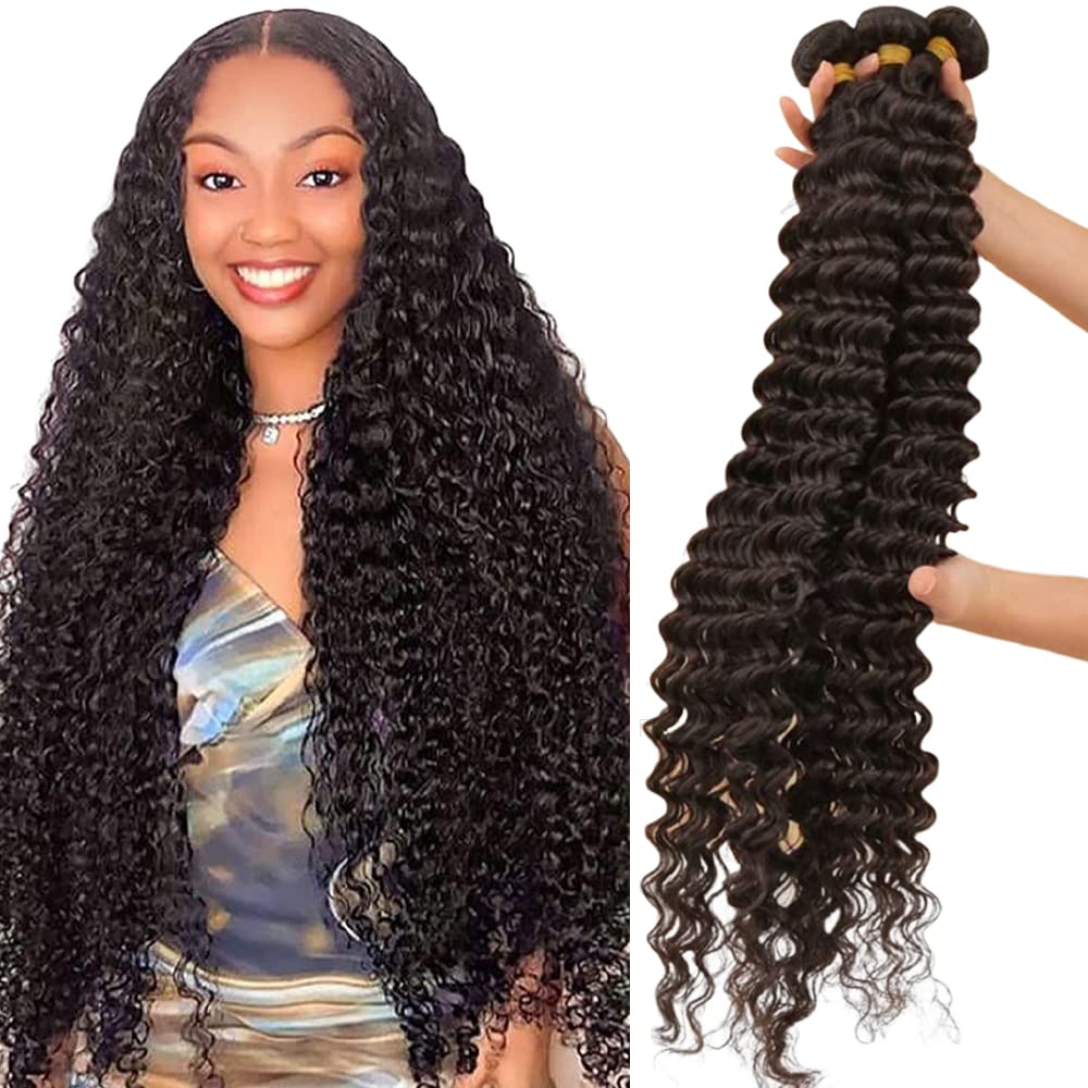 Deep Wave Human Hair Bundles Deep Curly Bundles Human Hair 20 22 24 Inch Brazilian Virgin Human Hair 3 Bundles Wet and Wavy Human Hair Bundles Natural Color