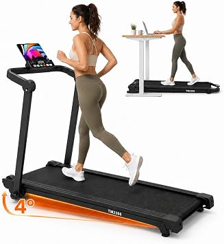 Treadmill for Home with Full Deck Running Surface, Quiet Brushless Motor, 2 Level Incline, 3 in 1 Work Walk Run Design with Detachable Desk, Foldable Compact Electric Running Machine with APP