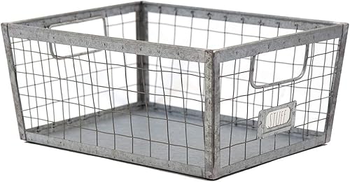 Vista 2 de Rae Dunn Cesta de almacenamiento de alambre, organizador de acero galvanizado y madera maciza, contenedor decorativo con dos asas y ranura