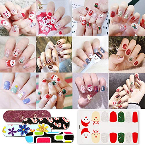 12 Sheets Christmas Nail Stickers Strip Nail Polish Stickers and 4 Piece of Nail File,Self-adhesive Nail Art Decals Strips Manicure Kits Nail Santa Designs