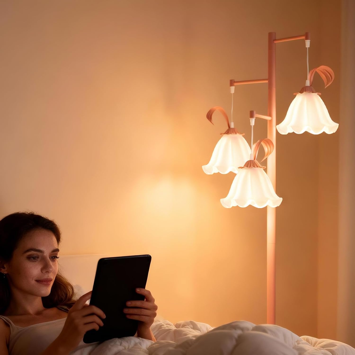 ZidDolk Pink Flower Floor Lamp, Cute Standing Lamp with Glass Shade, Kids Floral Tall Lamp with Foot Switch, 3 Light Lotus Floor Lamp for Living Room, Elegant Corner Lamp for Girls Bedroom Reading