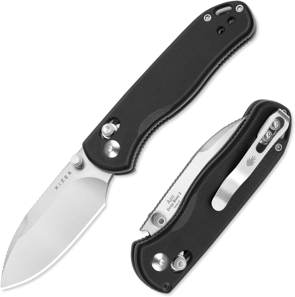 Kizer Drop Bear 2 Taschenmesser, 7,21 cm AEB-L Drop Point Klinge Klappmesser mit Schwarzem G10 Griff, Clutch Lock EDC Messer mit Riffelung auf dem Rücken für Männer und Frauen V3619.2KD1