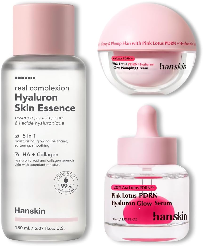 Hanskin Hyaluron + Vegan PDRN Glass Skin Trio Set – Skin Essence Toner, Glow Serum & Plumping Cream | Korean Skincare Bundle for Deep Hydration, Barrier Support & Radiant Glow
