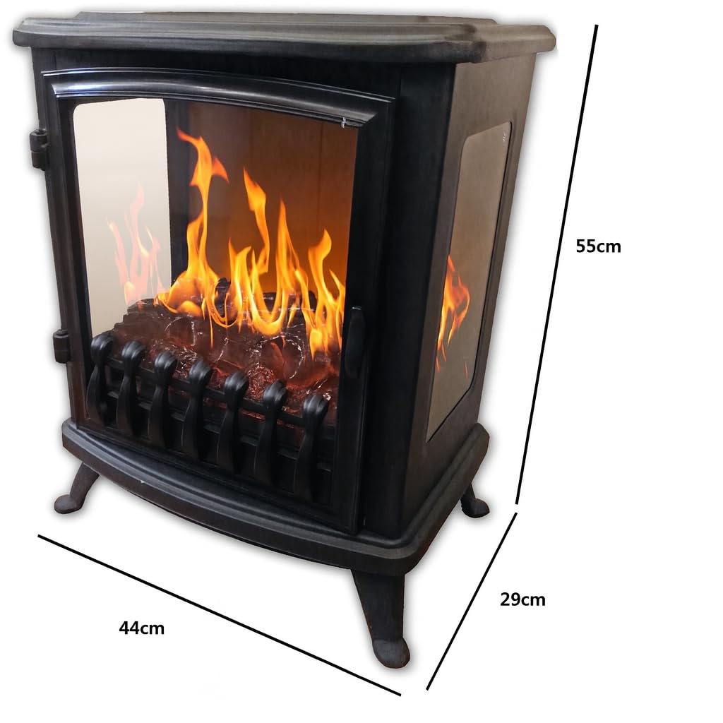 CHEMIN'ARTE Camino elettrico da Terra Fire Glass - Fiamme a 180° - Nero - Termostato Regolabile e Controllo Indipendente delle Fiamme - Caminetto elettrico