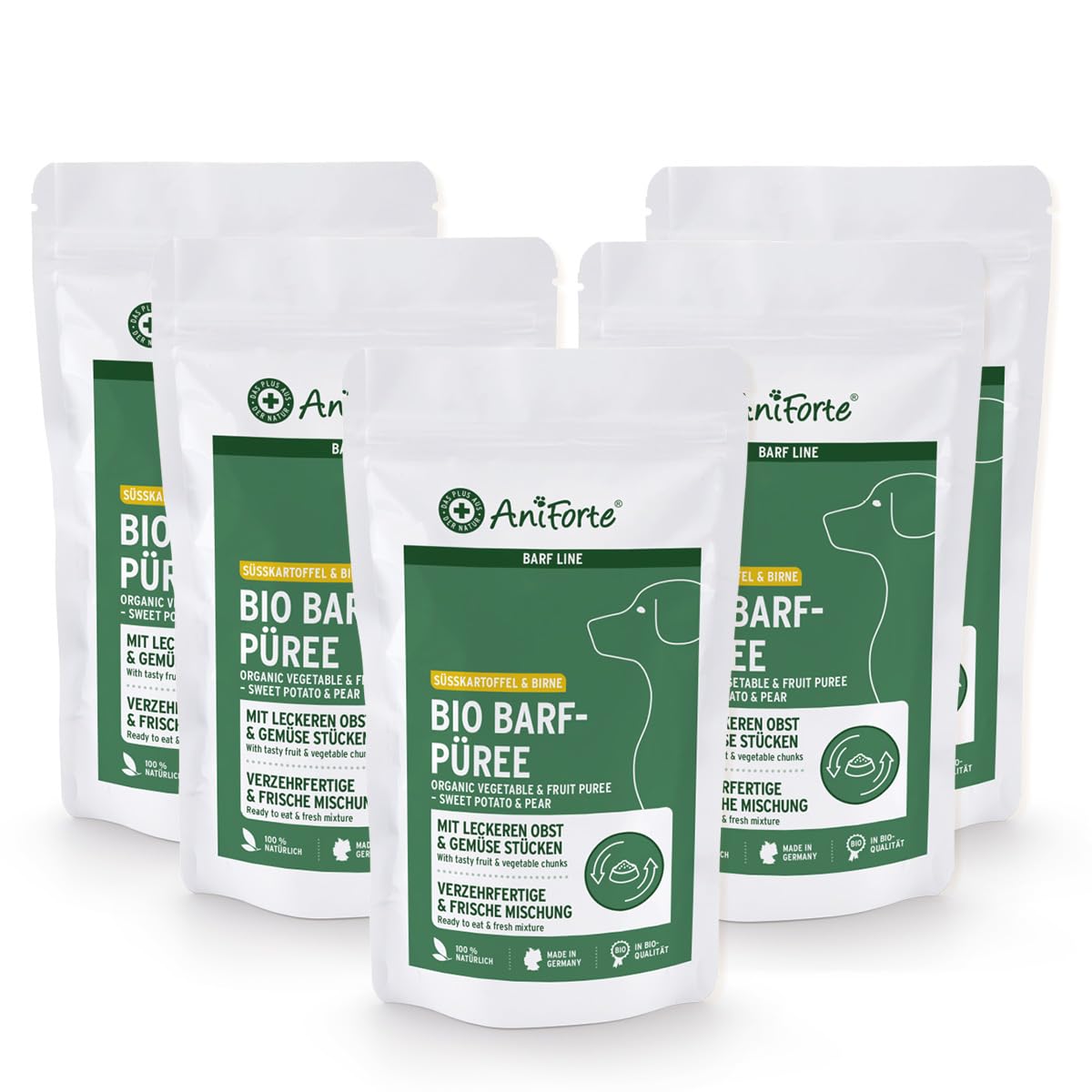 AniForte Barf-Püree Süßkartoffel & Birne - Bio Obst & Gemüse für Hunde 5x150 g - Futter-Topping zum Barfen, natürliche Barf Ergänzung