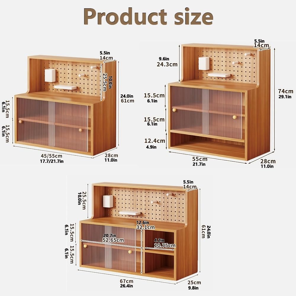 Wooden Countertop Cup Storage Cabinet with Sliding Doors, Desktop Mug Organizer Rack, Tea & Coffee Station Display Shelf with Pegboard Back for Kitchen and Dining Table(White,26.4*9.8*24.0in)